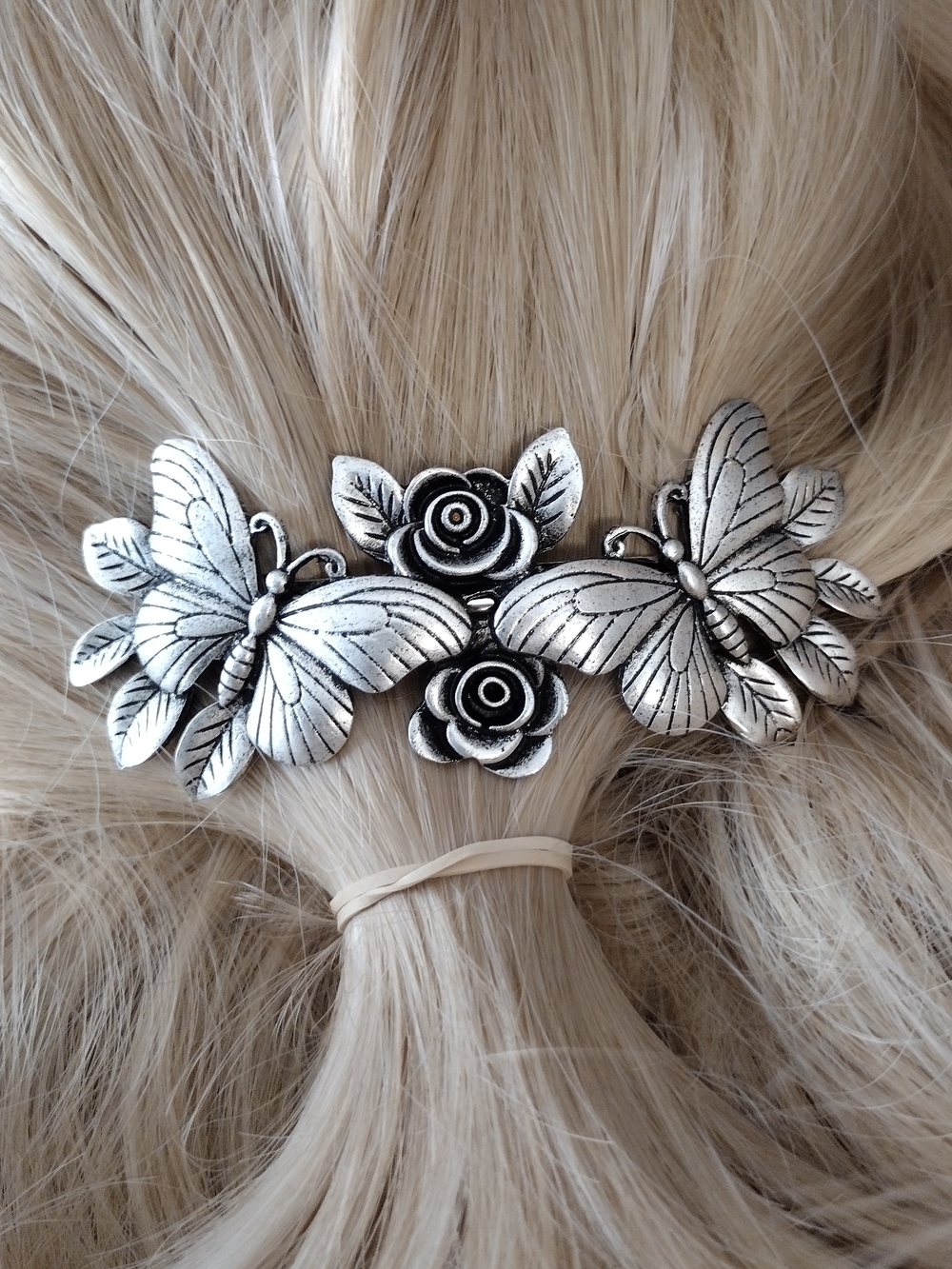 Silver Butterfly Rose Hair Barrette - Women Accessories